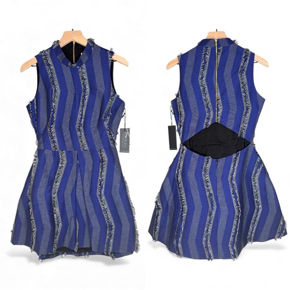 Hunter Bell NEW Blue Fringe Open Back Mock Neck‎ Blue Black Mini Dress Size 6